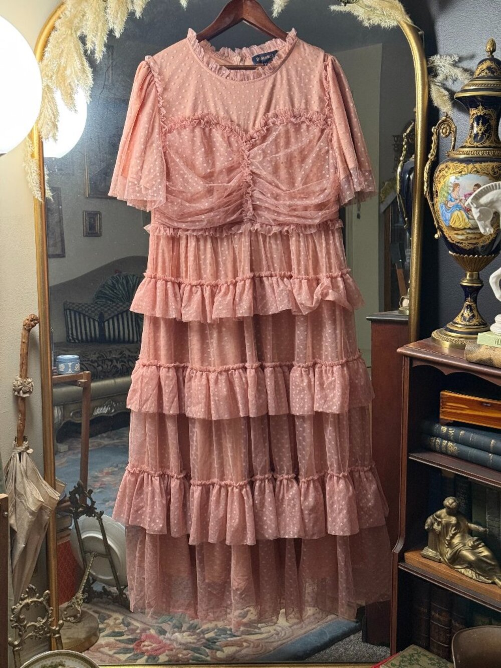 Deauville Pink Lace Tiered and Trimmed Maxi Dress